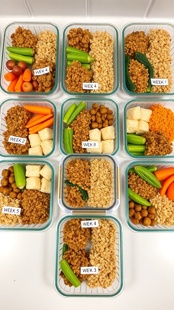 Half Baked 20-Week Meal Plan A selection of meal prep containers filled with diverse dishes, ready for a 20-week meal plan.